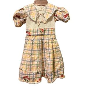 Vintage Plaid 100% Cotton Dress with Cherry Print and Lace Trim